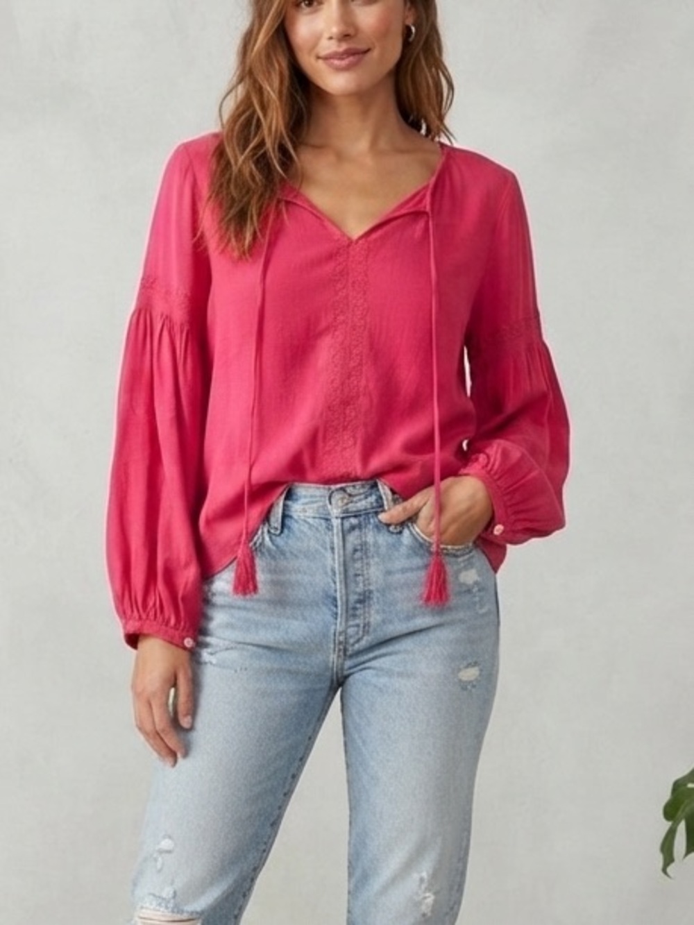 Copper Key Pink Boho Embroidered Tassel V-Neck Peasant Blouse Top Large